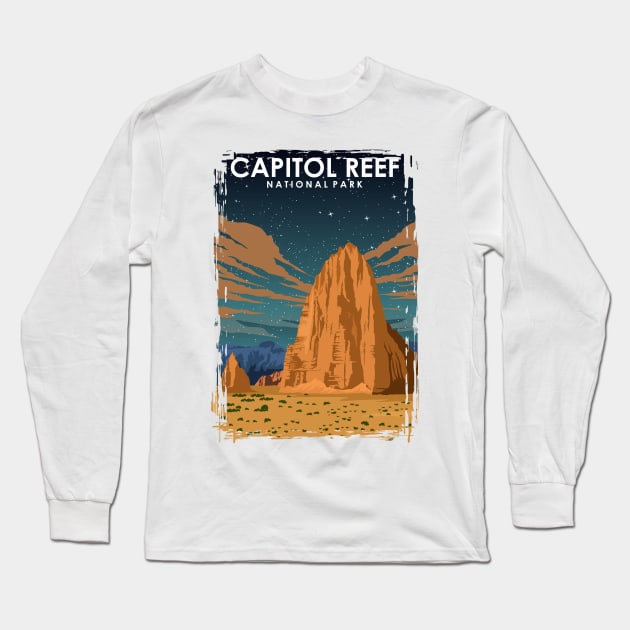 Capitol Reef National Park at Night Vintage Minimal Travel Poster Long Sleeve T-Shirt by jornvanhezik